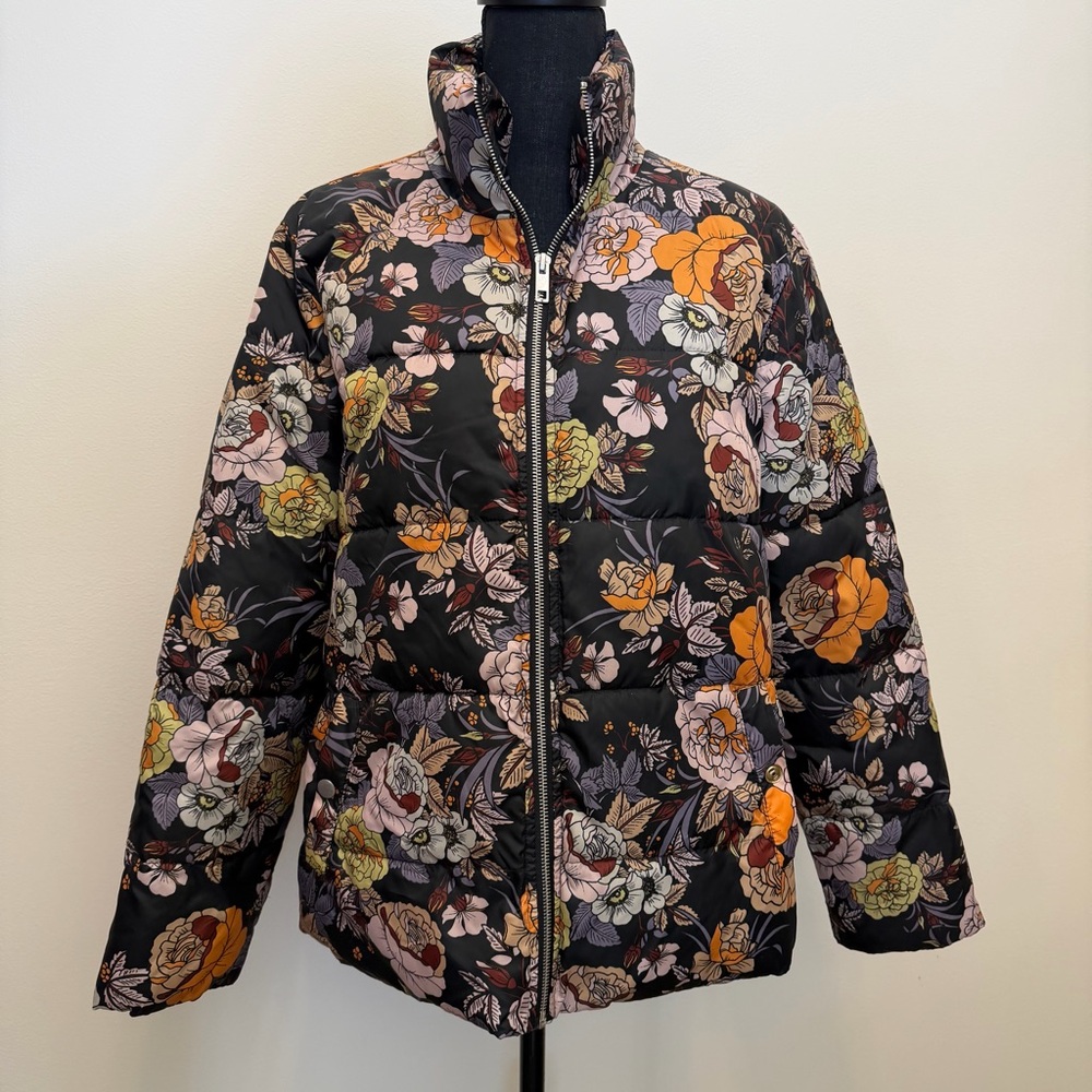 Who What Wear Womens L Floral Puffer Jacket Boho Retro Light Vintage Inspired